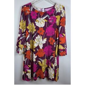 Honeyme Womens Sz M Floral Print Bell Sleeve Shift Dress Artsy Boho Chic Comfort